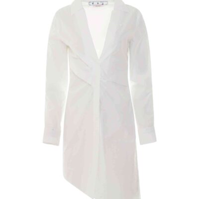 Off-White Popeline Draped Shirt Dress in White