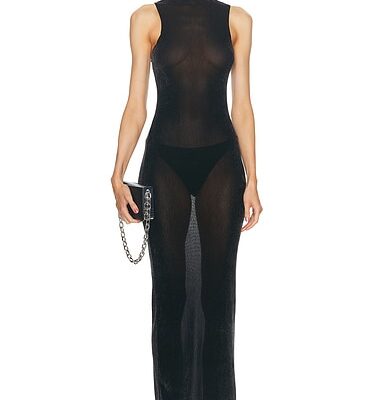 PRISCAVera Velvet Mesh Turtleneck Maxi Dress