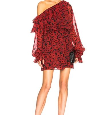 Saint Laurent Georgette Poppy Print One Shoulder Dress