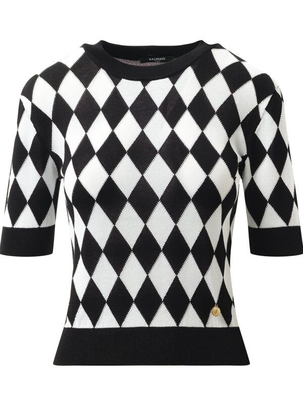Balmain Short Sleeve Diamond Intarsia Knit Top in Black/White - Image 2