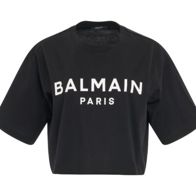 Balmain Cropped Print Logo Eco T-Shirt in Black