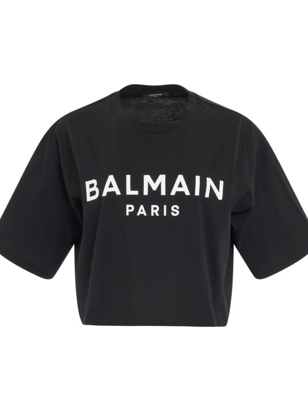 Balmain Cropped Print Logo Eco T-Shirt in Black