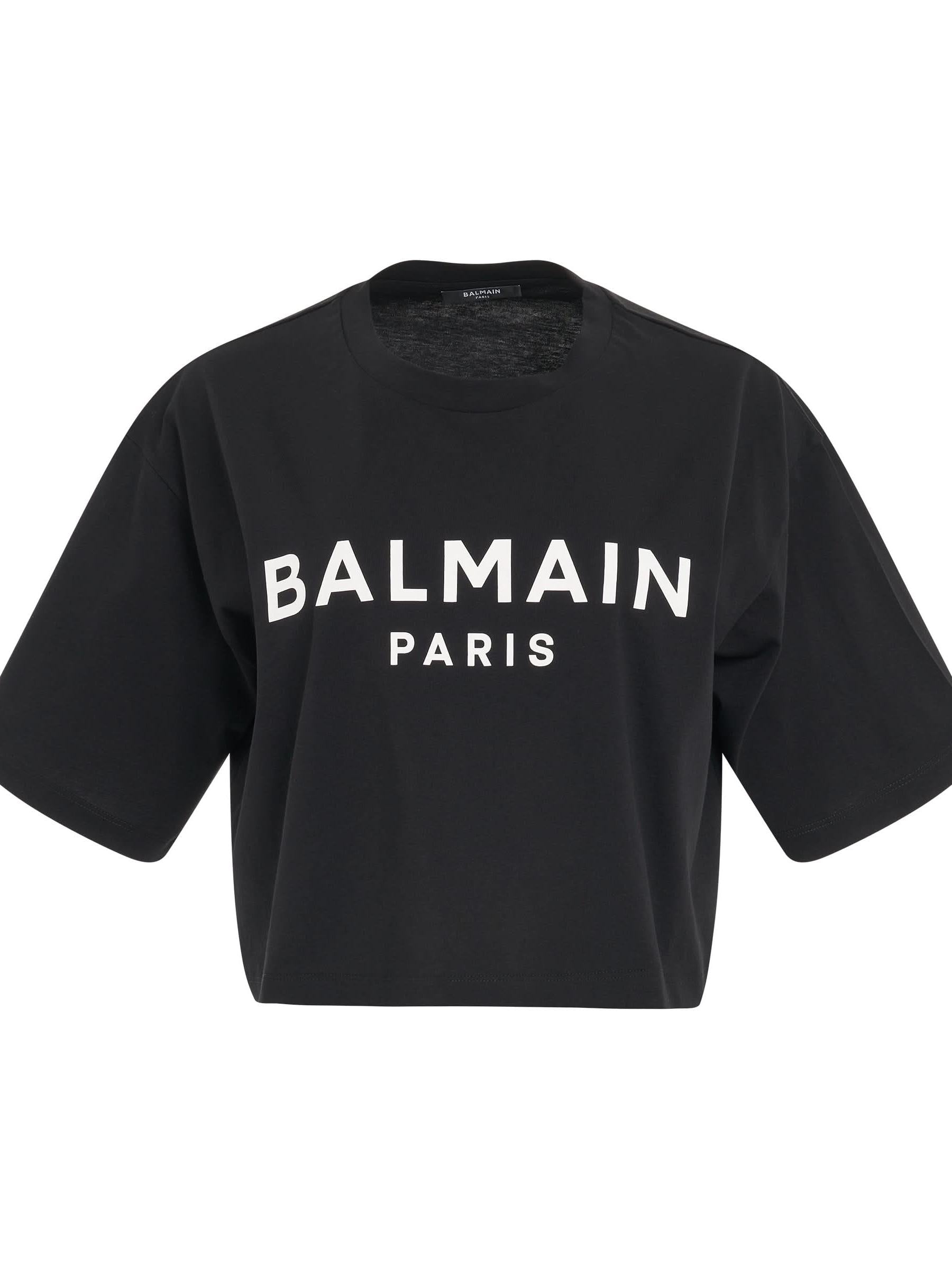 Balmain Cropped Print Logo Eco T-Shirt in Black - Miss Nelly
