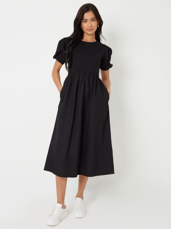 Threadbare Black 100% Cotton Puff Sleeve Jersey Poplin Mix Maxi Dress