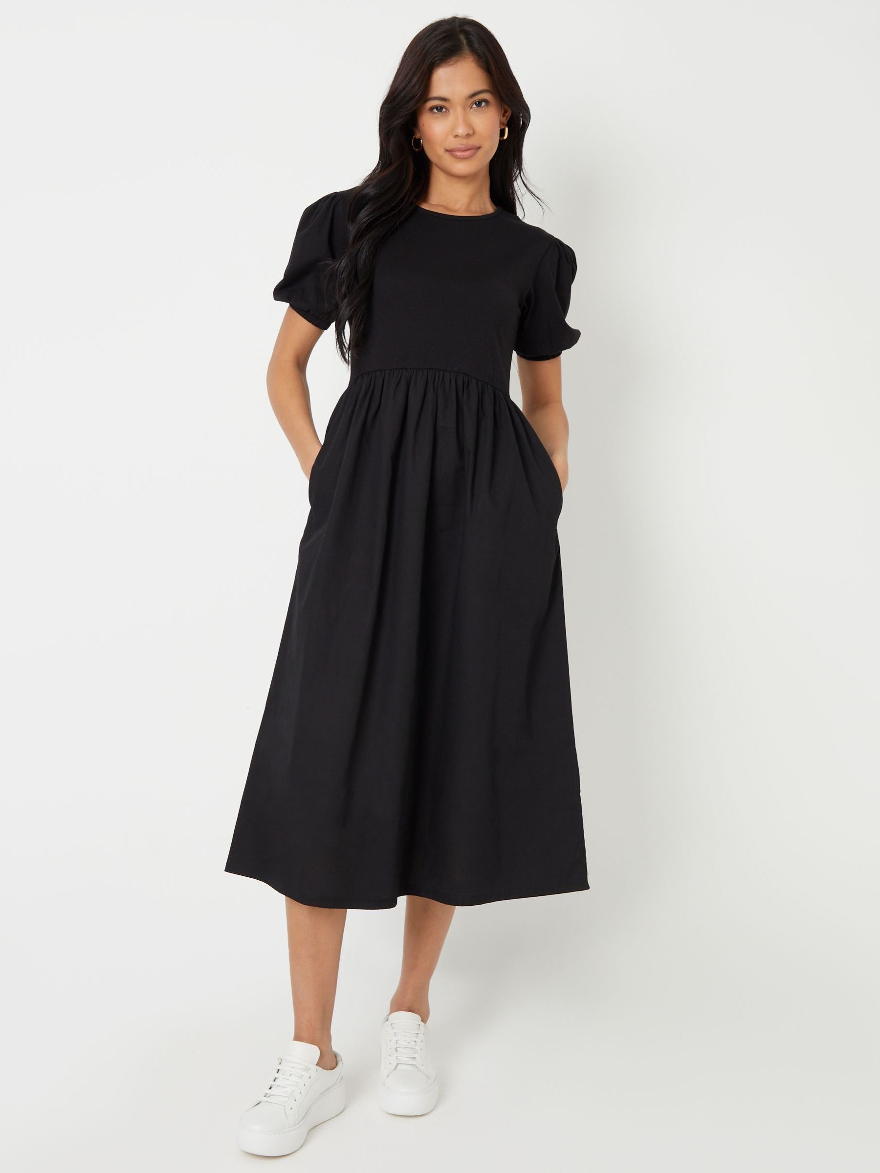Threadbare Black 100% Cotton Puff Sleeve Jersey Poplin Mix Maxi Dress
