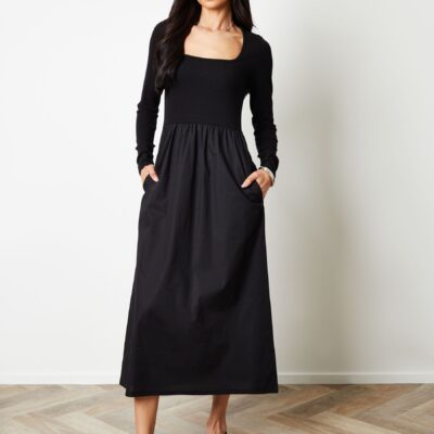 Threadbare Black 2-In-1 Jersey Poplin Mix Square Neck Long Sleeve Dress