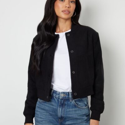 Threadbare Black Brushed Cropped Bomber Jacket