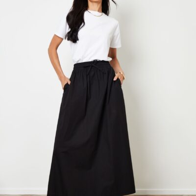 Threadbare Black Cotton Poplin Tie Waist Skirt with Pockets