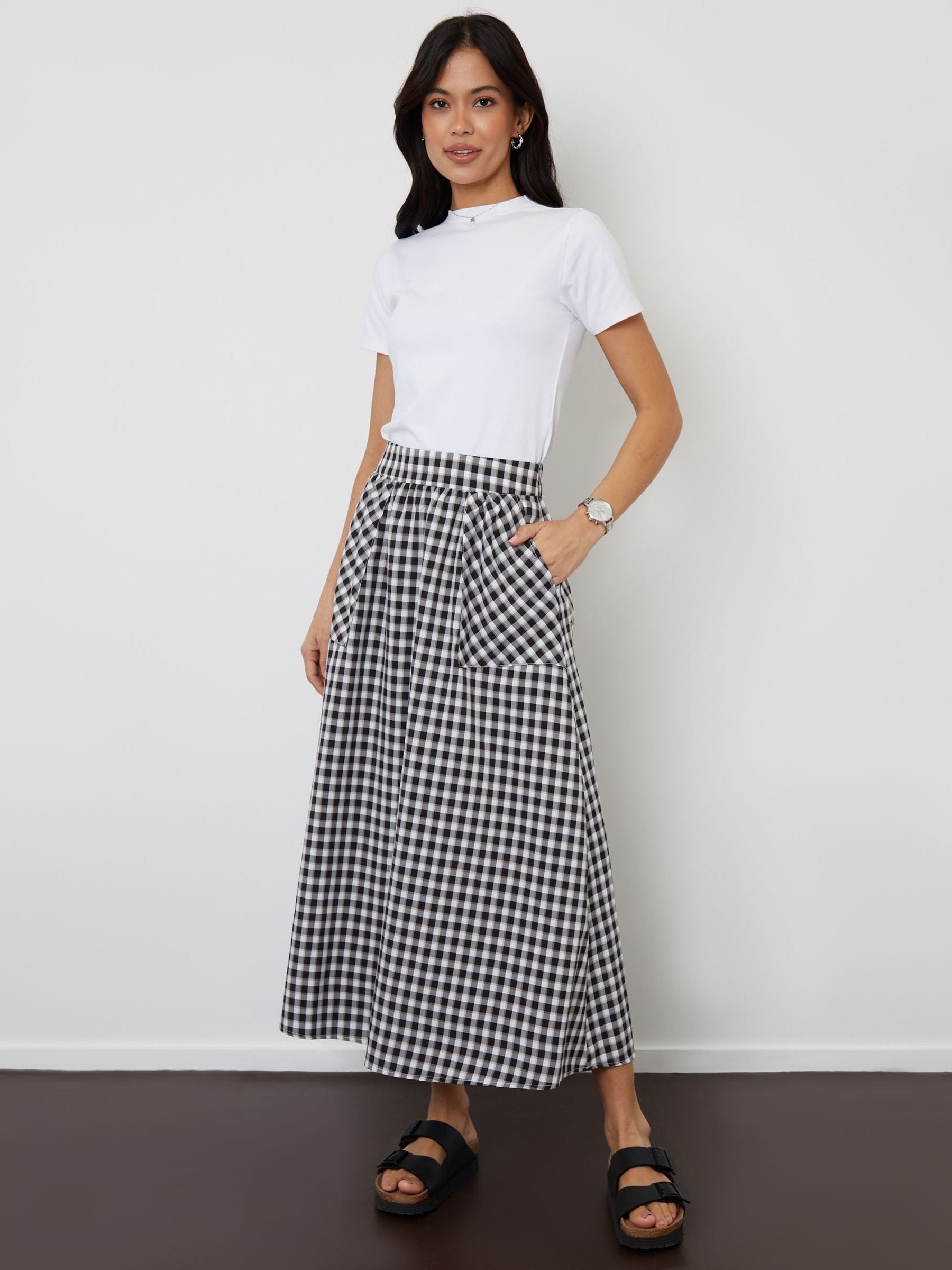 Threadbare Black Gingham Midi Skirt with Pockets Threadbare Black Gingham Midi Skirt with Pockets