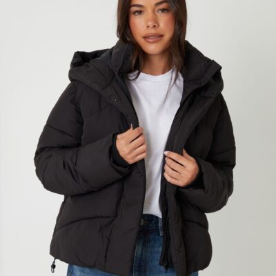 Threadbare Black Hooded Double Collar Puffer Jacket
