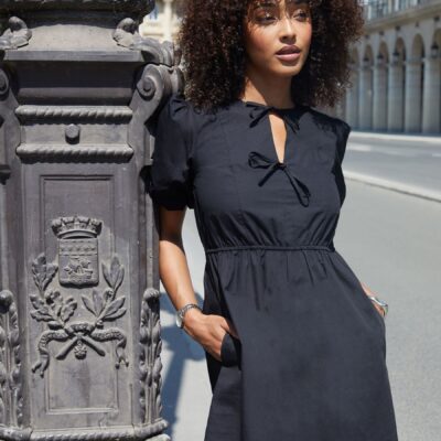 Threadbare Black Puff Sleeve Tie Front Smock Mini Dress