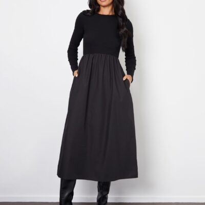 Threadbare Black Rib Jersey 2-In-1 Midi Dress with Poplin Skirt