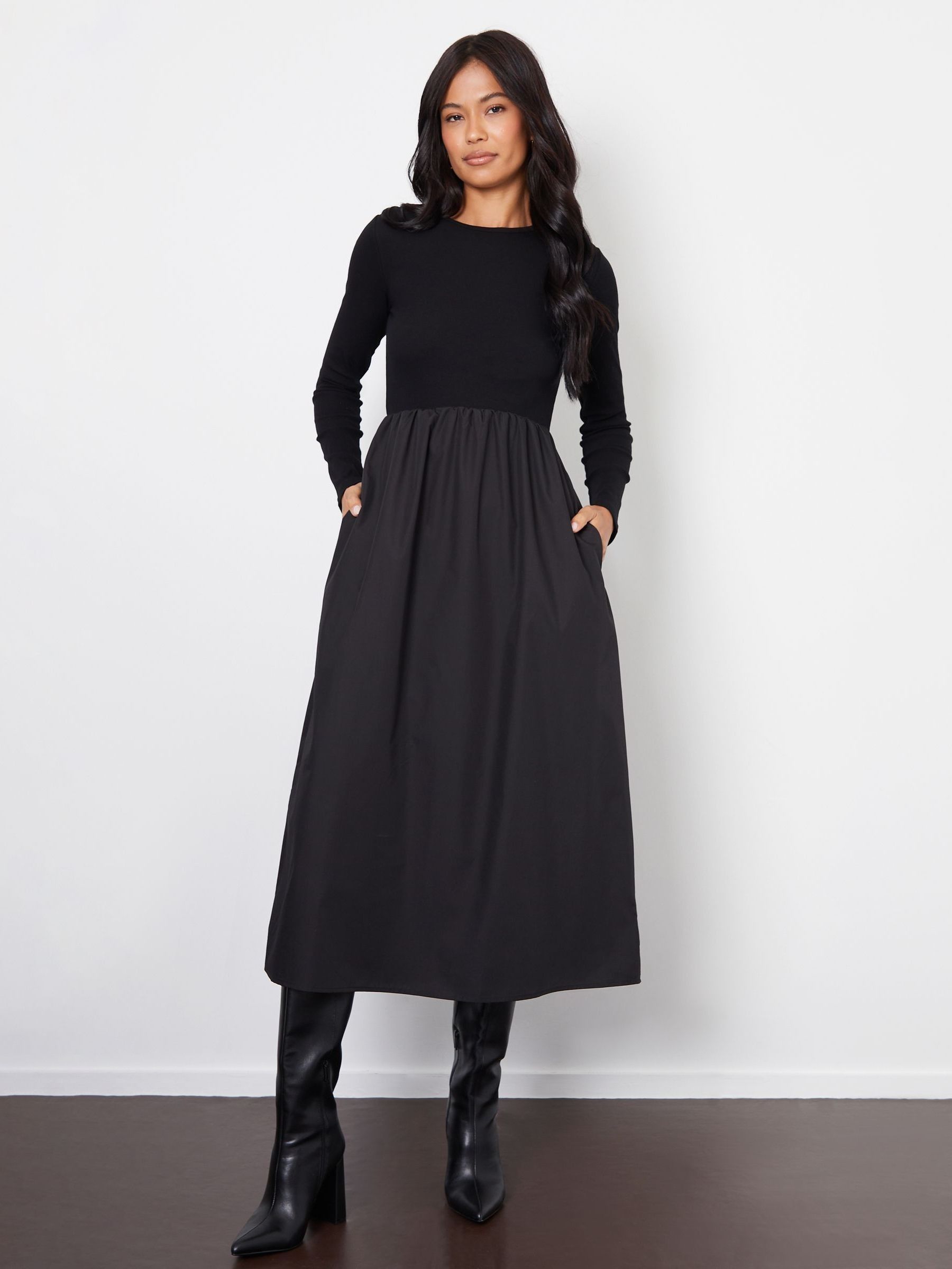 Threadbare Black Rib Jersey 2-In-1 Midi Dress with Poplin Skirt Threadbare Black Rib Jersey 2-In-1 Midi Dress with Poplin Skirt
