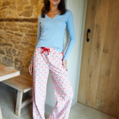 Threadbare Blue 100% Cotton Lace V-Neck Printed Pyjamas Set