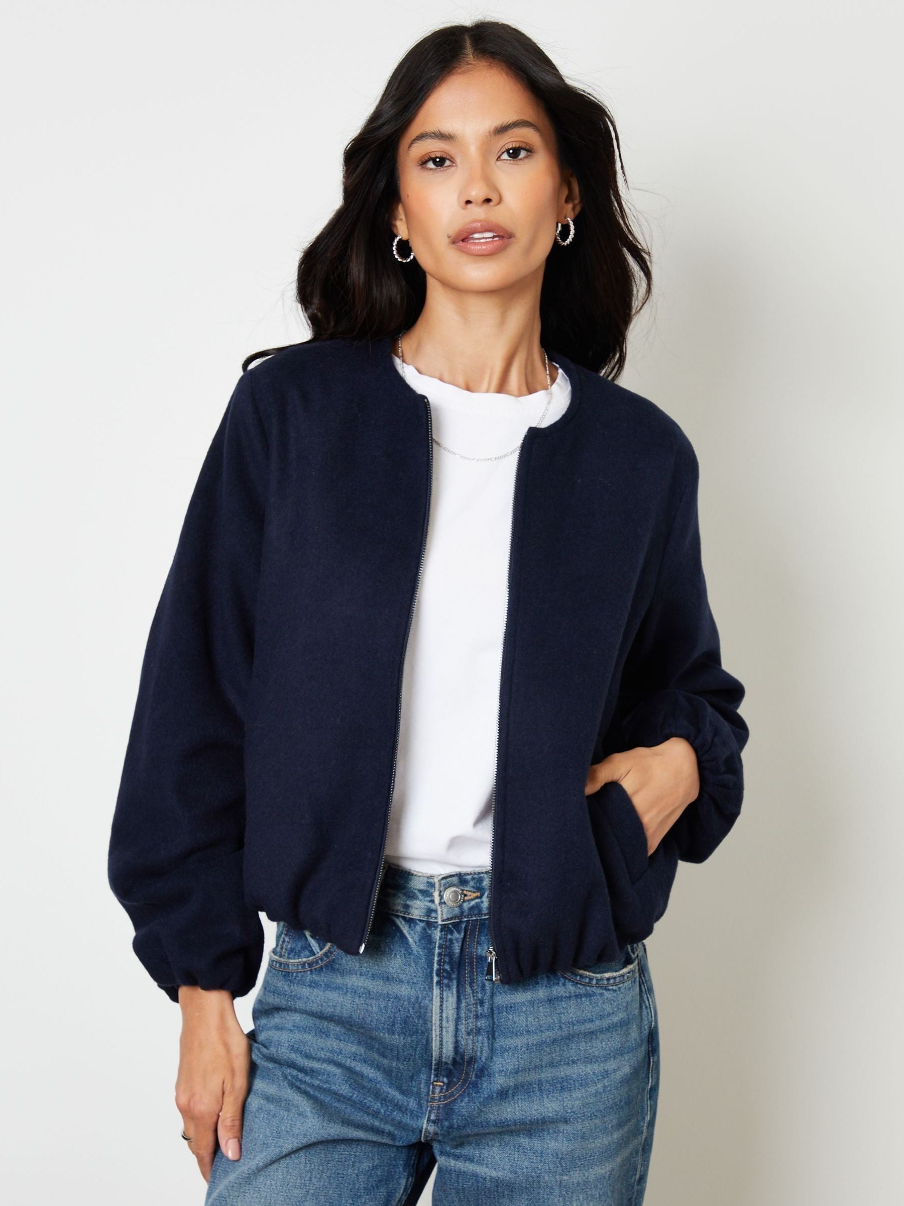 Threadbare Blue Brushed Bubble Hem Bomber Jacket Threadbare Blue Brushed Bubble Hem Bomber Jacket