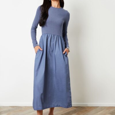 Threadbare Blue Navy Rib Jersey 2-In-1 Midi Dress with Poplin Skirt