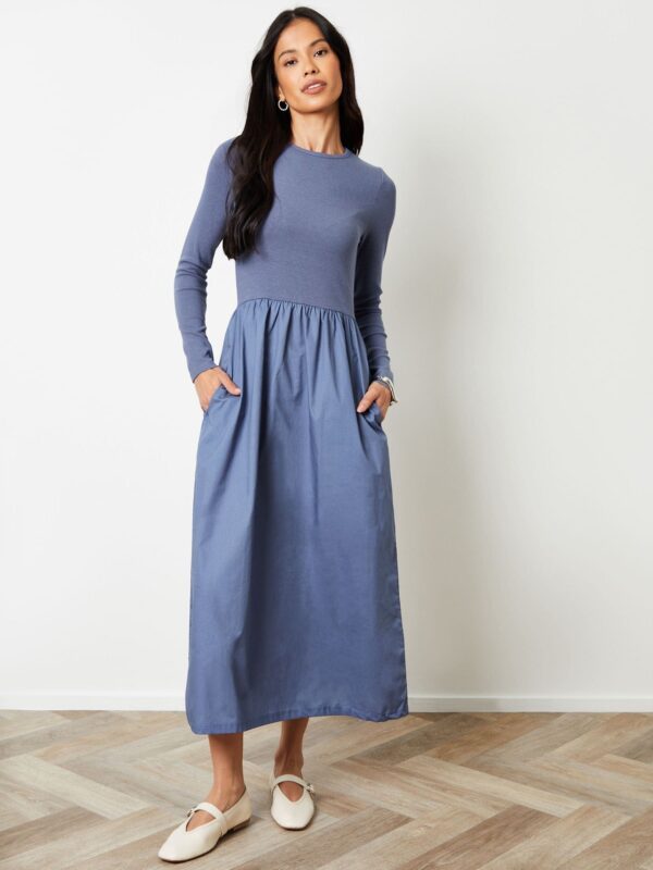 Threadbare Blue Navy Rib Jersey 2-In-1 Midi Dress with Poplin Skirt