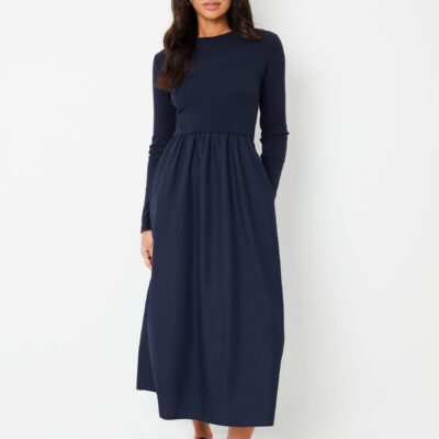 Threadbare Blue Rib Jersey 2-In-1 Midi Dress with Poplin Skirt