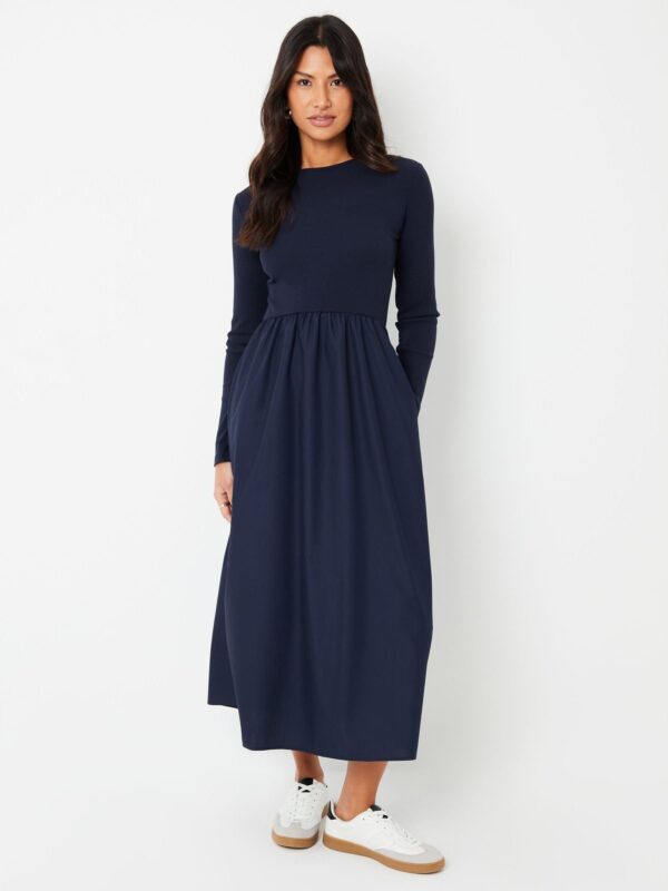 Threadbare Blue Rib Jersey 2-In-1 Midi Dress with Poplin Skirt