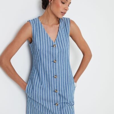 Threadbare Blue Stripe Waistcoat Denim Mini 100% Cotton Summer Dress