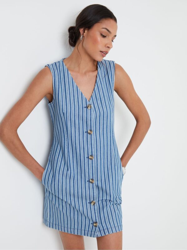 Threadbare Blue Stripe Waistcoat Denim Mini 100% Cotton Summer Dress