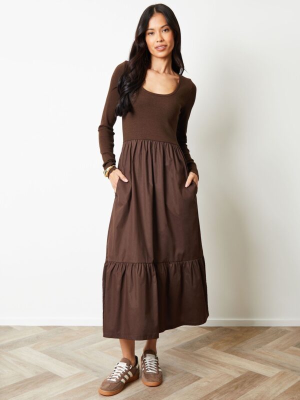 Threadbare Brown 2-in-1 Jersey Poplin Mix Scoop Neck Long Sleeve Dress