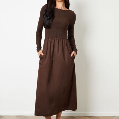 Threadbare Brown 2-in-1 Jersey Poplin Mix Slash Neck Long Sleeve Dress
