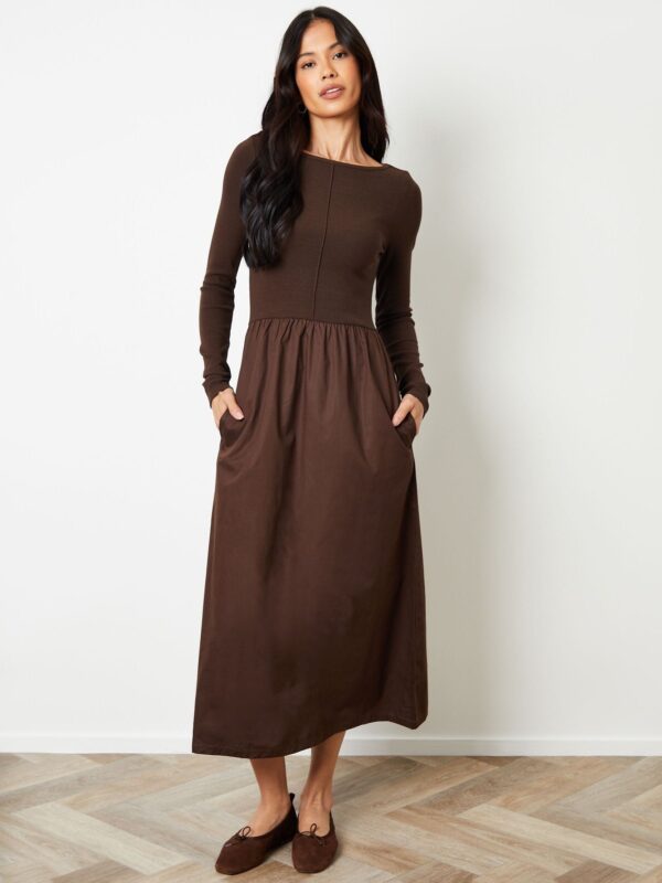 Threadbare Brown 2-in-1 Jersey Poplin Mix Slash Neck Long Sleeve Dress