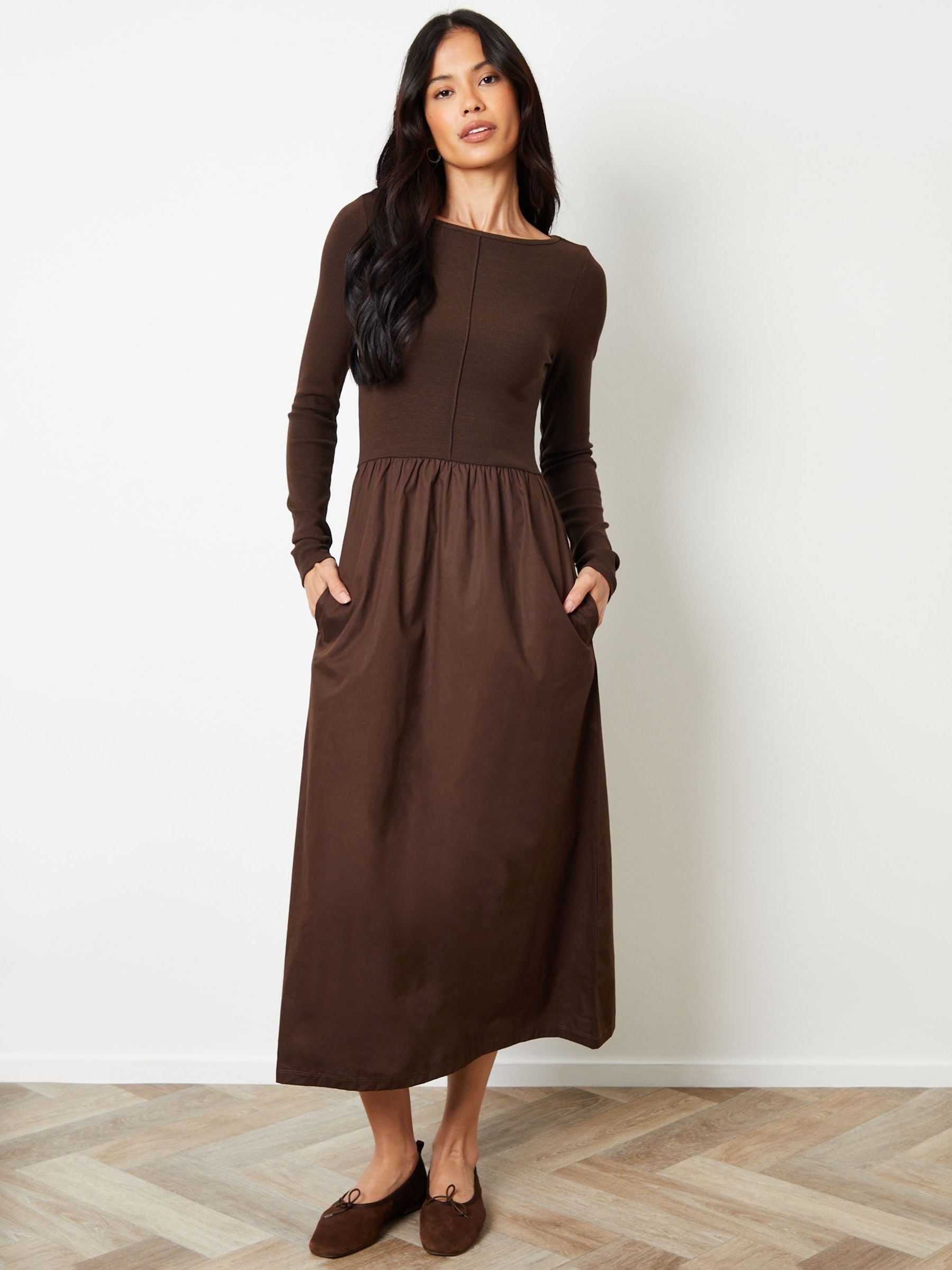 Threadbare Brown 2-in-1 Jersey Poplin Mix Slash Neck Long Sleeve Dress Threadbare Brown 2-in-1 Jersey Poplin Mix Slash Neck Long Sleeve Dress