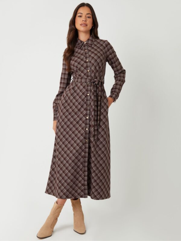 Threadbare Brown Check Belted Midi Shirt Dress