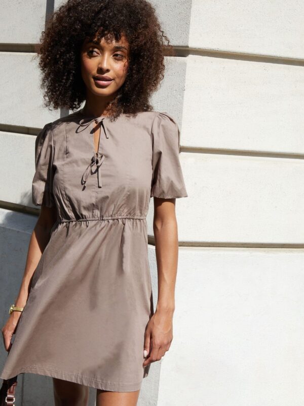 Threadbare Brown Puff Sleeve Tie Front Smock Mini Dress