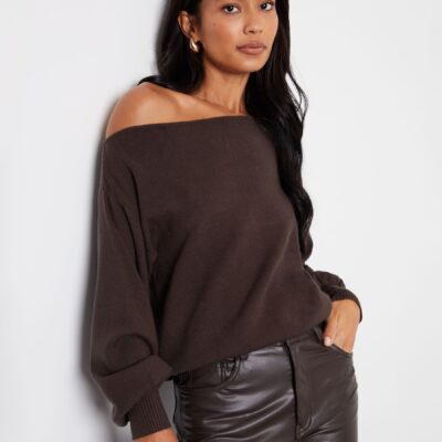 Threadbare Brown Slash Neck Knitted Jumper