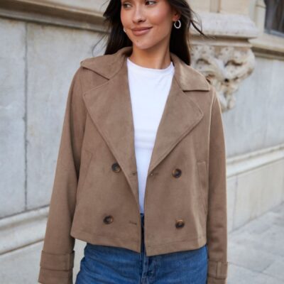 Threadbare Brown Suedette Cropped Trench Jacket