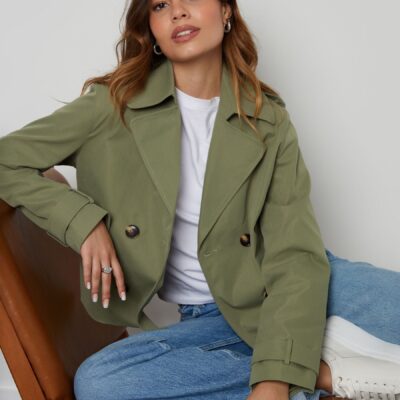 Threadbare Green Double Breasted Cropped Trench Jacket