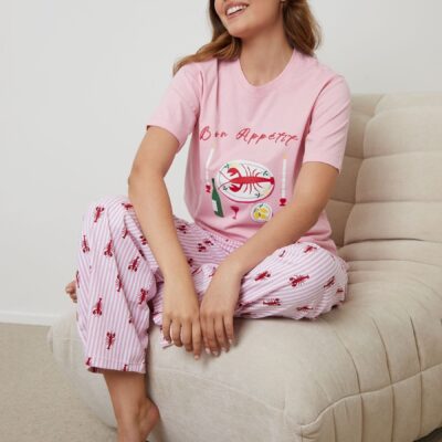 Threadbare Pink Graphic Print Striped 100% Cotton Pyjamas Set