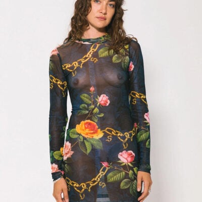 Something Very Special Chains and Roses Long Sleeve Mesh Dress Black