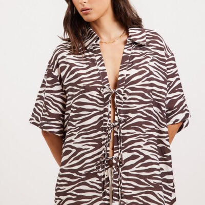 Ode Robin Tie Front Shirt Brown Zebra Stripe