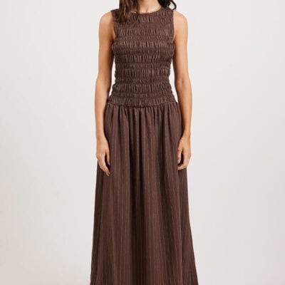 Ode Brisa Shirred Maxi Dress Wide Walnut Stripe