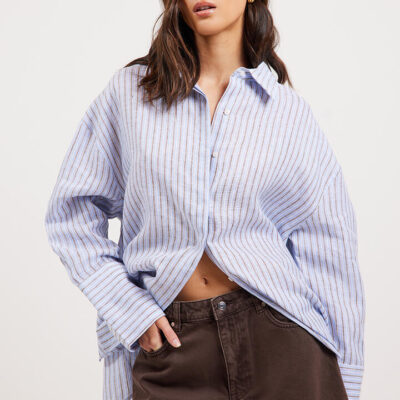 Ode Dakota Linen Shirt Brown Blue Multi Stripe