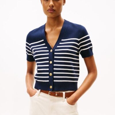 Jersey Gold-Tone Button Short Sleeve Cardigan