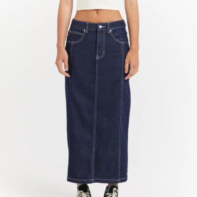 Beyond Her Maeve Raw Indigo Low Rise Denim Midi Skirt Thigh Split