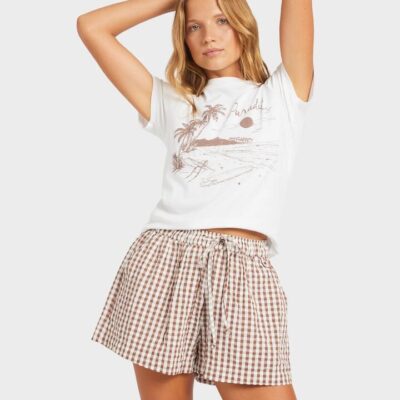 Roxy Delilah Check Elastic Waist Shorts Coconut