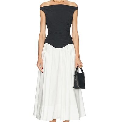 SIMKHAI Cersei Off Shoulder Midi Dress in White Black Multi