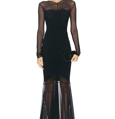 Norma Kamali Longsleeve V Neck Shirred Front Fishtail Gown