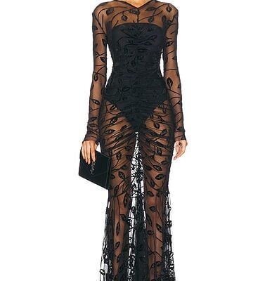 Norma Kamali Long Sleeve V Neck Shirred Front Fishtail Gown