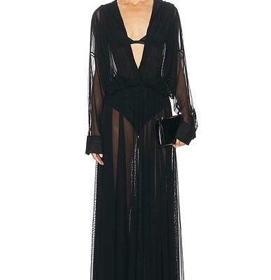 Norma Kamali Hooded Super Oversized Boyfriend Shirt Flared Gown