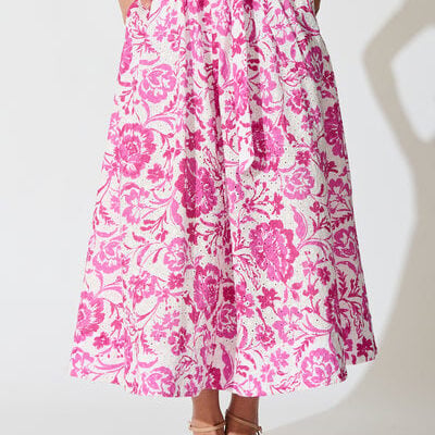 Florabel Maxi Skirt in White with Pink Floral Embroidery -