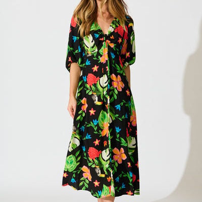 Island Tropic Maxi Dress in Black with Multi Tropical Print -