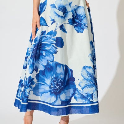 Jannie Maxi Skirt in Blue Floral Border Print Cotton -