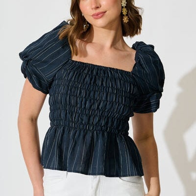 Layne Shirred Top in Navy with White Stripe -